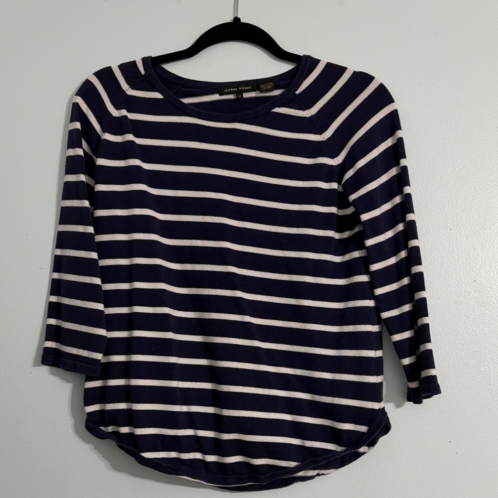 JEANNE PIERRE Navy and White Striped Long Sleeve Top